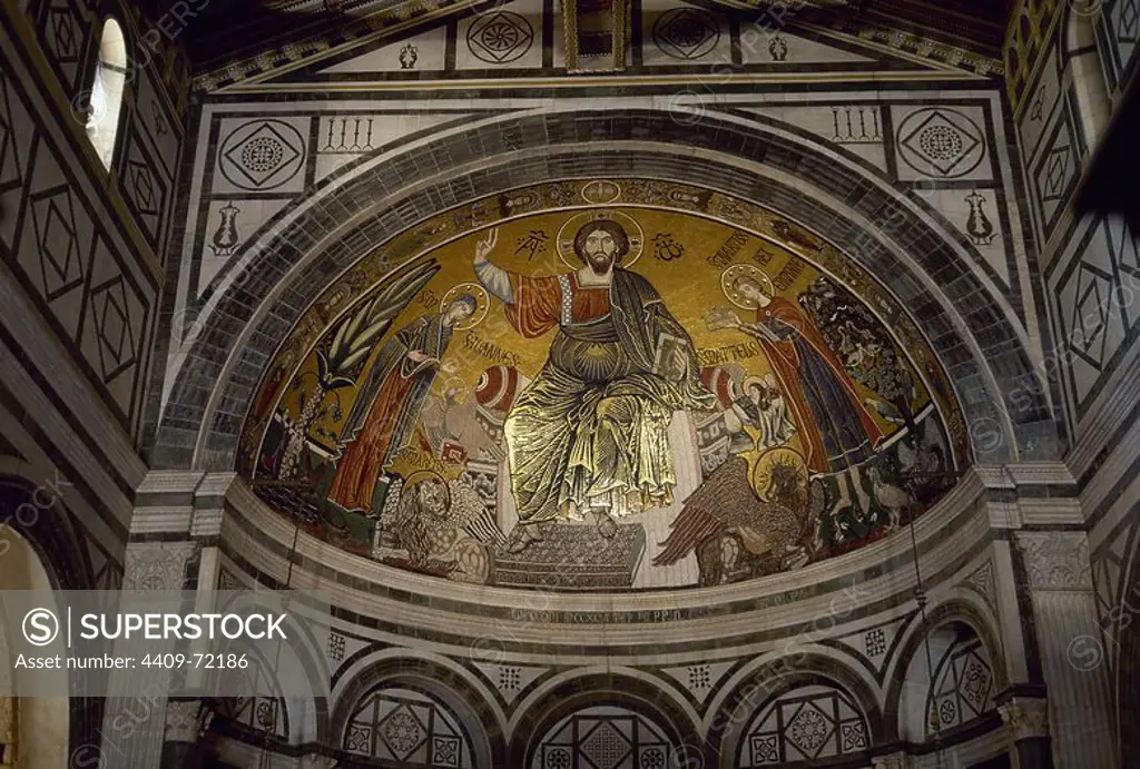 Italy. Basilica of Saint Minias on the Mountain. Byzantine apse mosaic depicting Christ with the Virgin and Saint Minias. 13th century. Florence.