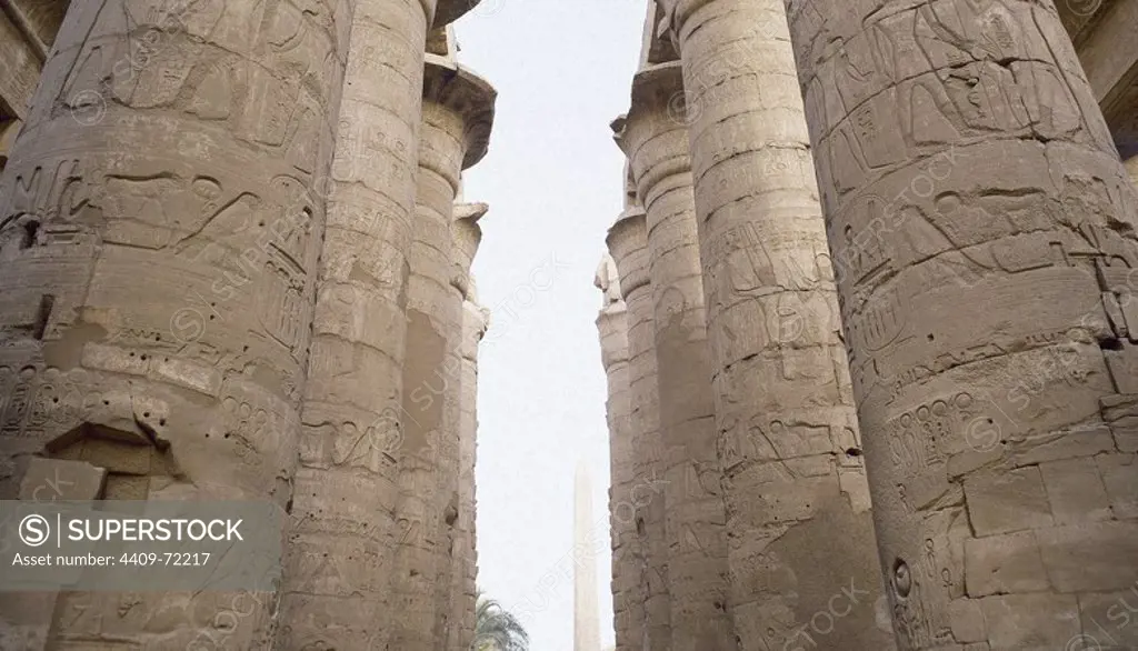 ARTE EGIPCIO. EGIPTO. TEMPLO DE AMON. Gran templo dedicado a la máxima divinidad tebana. Constituye el núcleo más importante del patrimonio monumental de Karnak. Detalle de la SALA HIPOSTILA CON COLUMNAS DE CAPITELES PAPIRIFORMES ABIERTOS. KARNAK.