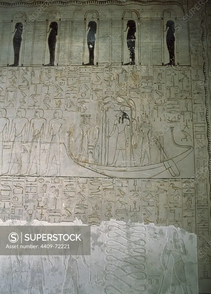 ARTE EGIPCIO. TUMBA DE HOREMHEB. Detalle de las pinturas inacabadas referentes a la mitología funeraria. Valle de los Reyes. Egipto.