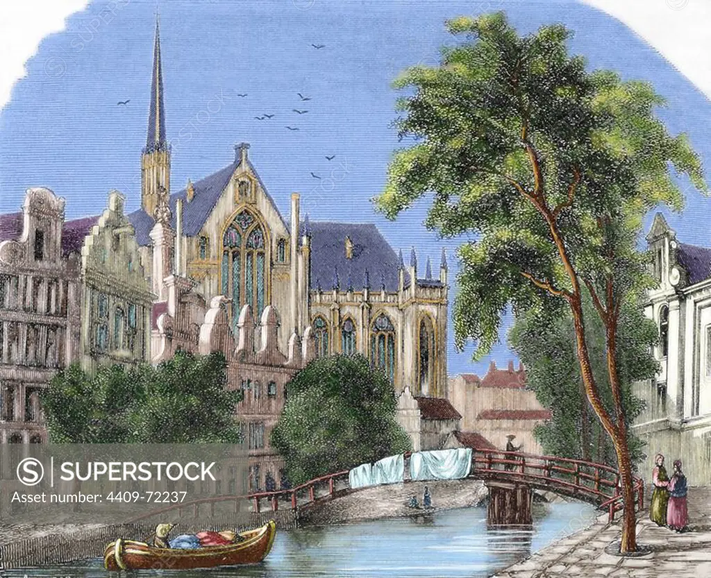 Holland. Amsterdam. 19th century. Nieuwekerke Church. Engraving of "Picturesque Family Weekly", 1876. Colored.