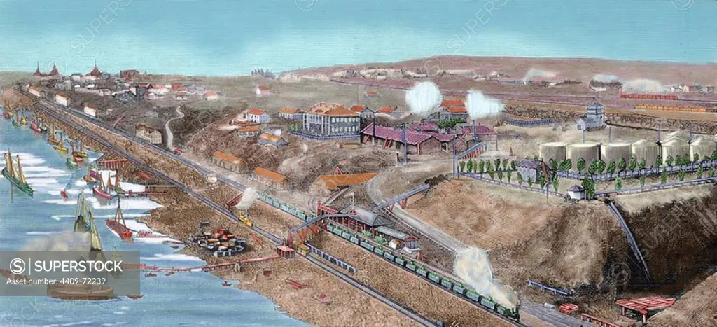 Russia. 19th century. Tsaritsyn (Eastern Russia). Now Volgograd. City and harbor. On the right, refined petroleum deposits from the mines of Baku. Engraving of "The Spanish and American Illustration", 1884. Colored.