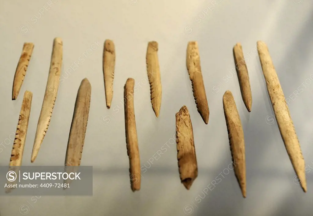 Bone objects. C. 8700 BC. Skottemarke, Lolland. Maglemosian Culture, 9500-6500 BC. Mesolithic. National Museum of Denmark. Copenhagen. Denmark.