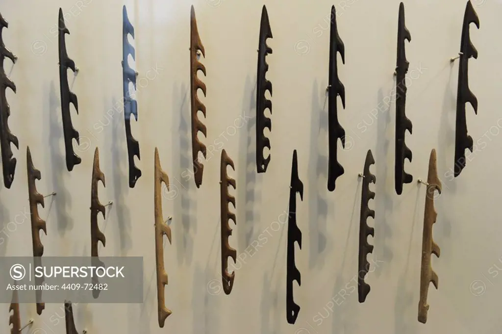 Harpoons made of elk or red deer bone. Maglemosian Culture, 8700-6500 BC. National Museum. Copenhagen. Denmark.