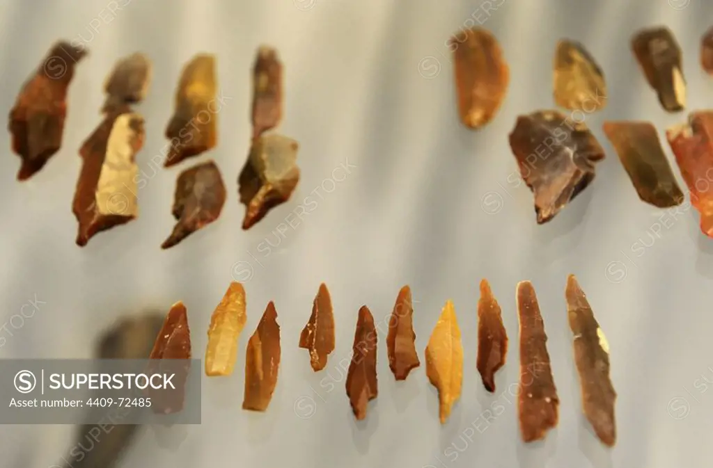 Lithic industry. Tools used by reindeer hunters. From the camp at Solbjerg, Lolland. Ahrensburg Culture. Mesolithic. Northwestern Europe. 12200 BC. National Museum of Denmark. Copenhagen. Denmark.