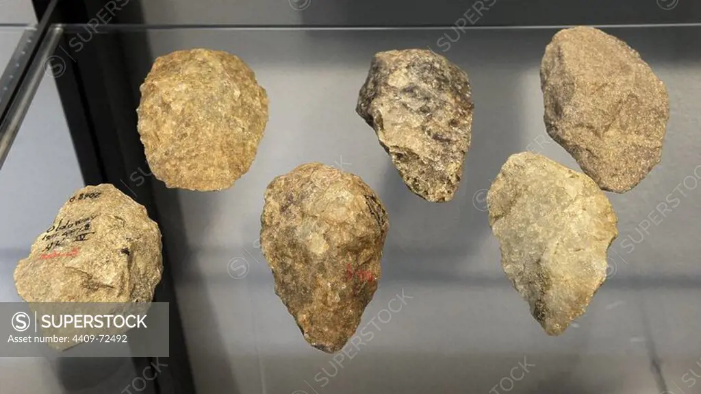 Hand axes. Culture of Homo erectus, know as Acheulian Culture. 1500000-200000 BC. Lower Paleolithic. From Tanzania, Java, France and England. National Museum of Denmark. Copenhagen. Denmark.