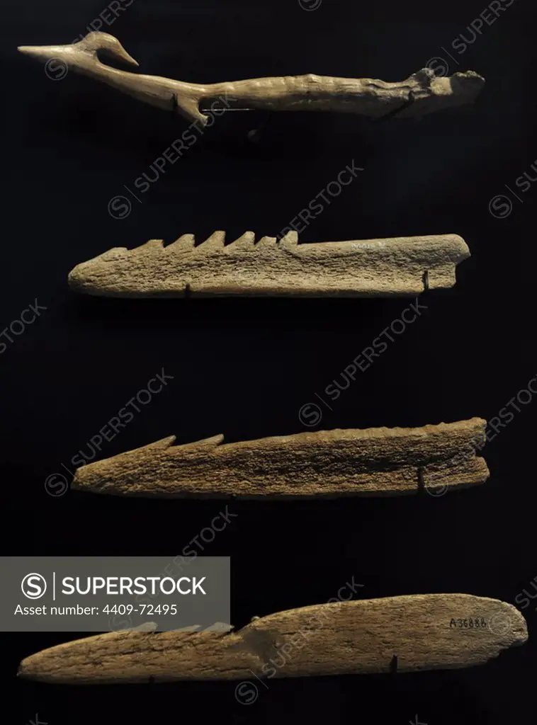 Harpoons of deer antler for hunting small whales and seals. 6500-4000 BC. From Zealand coasts and fjords of Eastern Jutland. National Museum of Denmark. Copenhagen. Denmark.