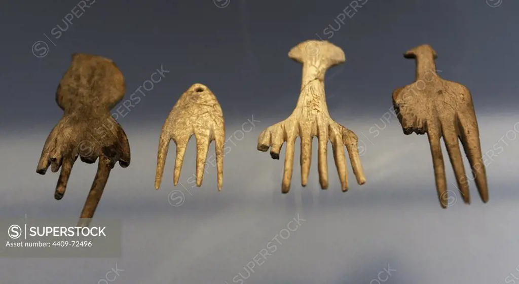 Bone combs from Ertebolle, Mejlgard and Brabrand in Jutland. 5000-4500 BC. National Museum of Denmark. Copenhagen. Denmark.