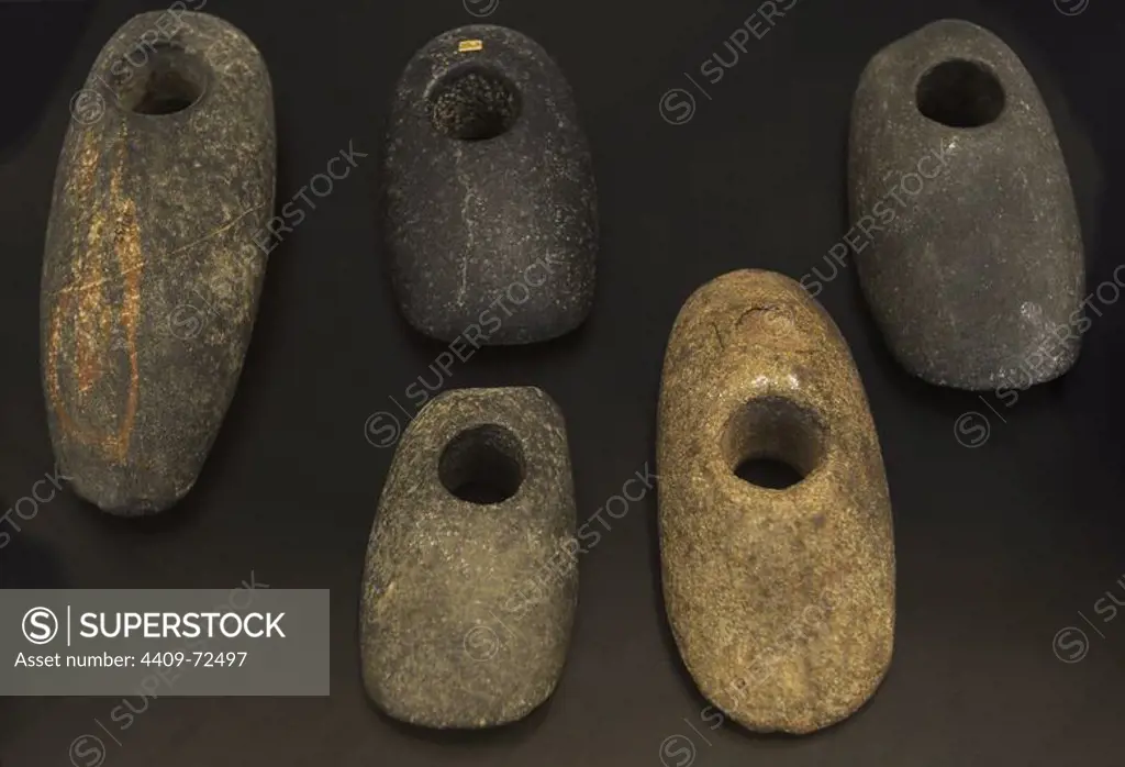 Flat hoe axes of greenstone. 7500-5500 BC. From Danish islands and Jutland. National Museum of Denmark. Copenhagen. Denmark.