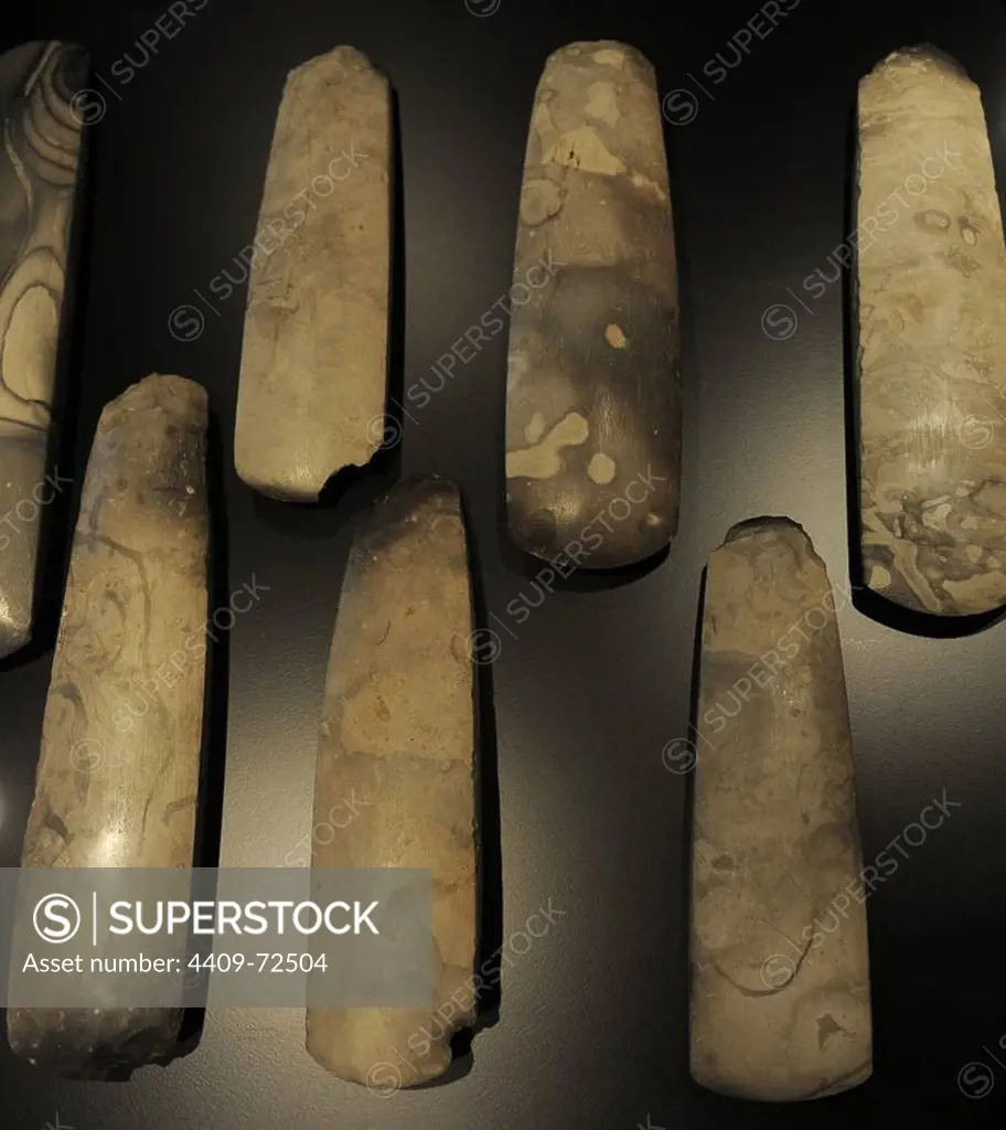 Polished flint axes. 3700-3500 BC. From Hagelbjerggard, central Zealand. National Museum of Denmark. Copenhagen. Denmark.