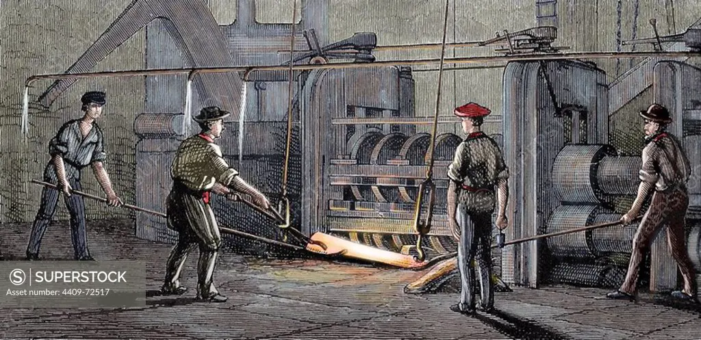 Steel Industry. 19th century. Oven. Modeling a steel block. Colored engraving, 1874.
