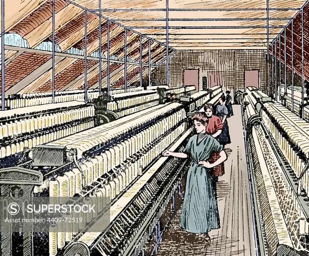 Textile Industry. 19th century. Ring Spinning. Manufacturing process of cotton yarn. Women working in the roving. Colored engraving.