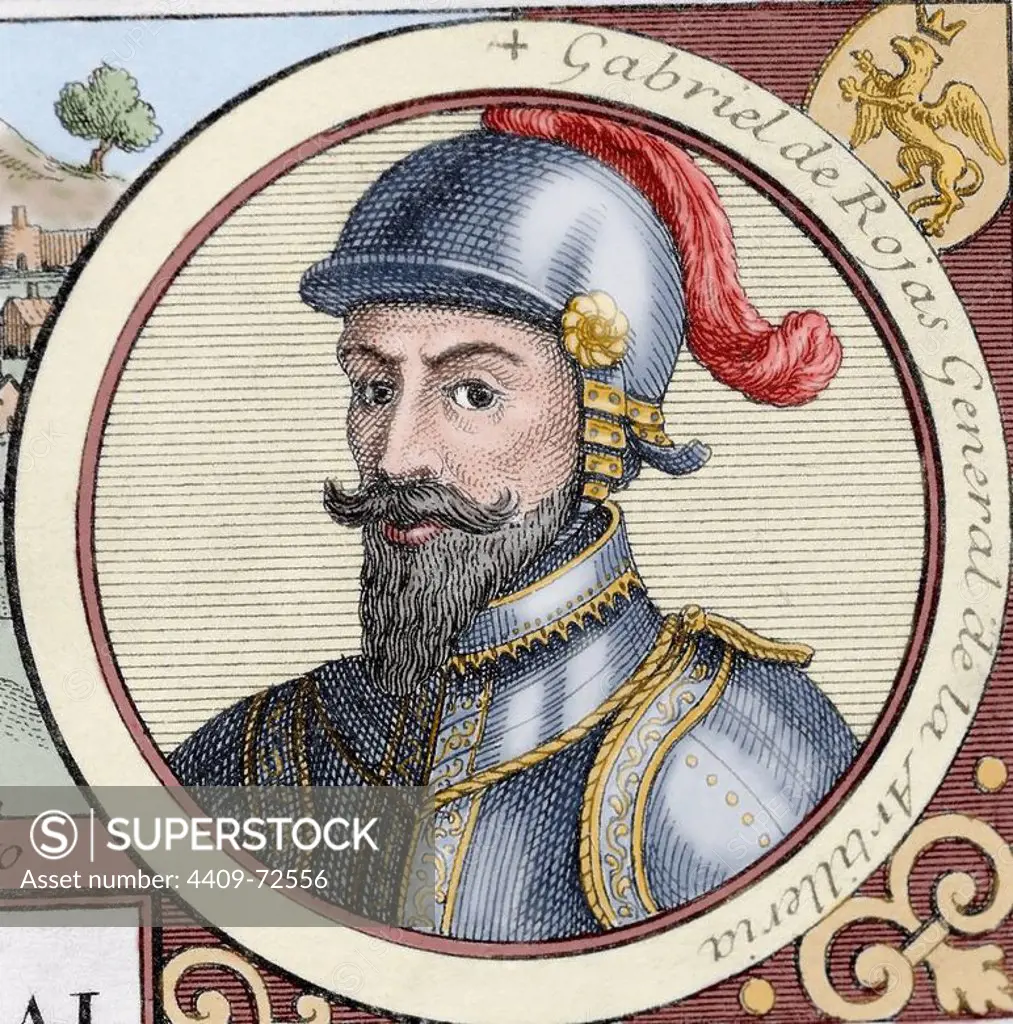 Gabriel de Rojas Cordova (c.1480-1549). Spanish conqueror. Engraving at The Truthful History of the Conquest of New Spain by Bernal Diaz del Castillo. Colored. Library of the University of Barcelona. Spain.
