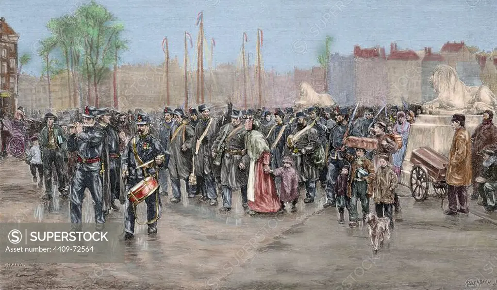 Colonialism. 19th century. Holland. Rotterdam. Troops destined for the Dutch colonies in India. Kellenbach Engraving for "The Artistic Illustration", 1886. Colored.