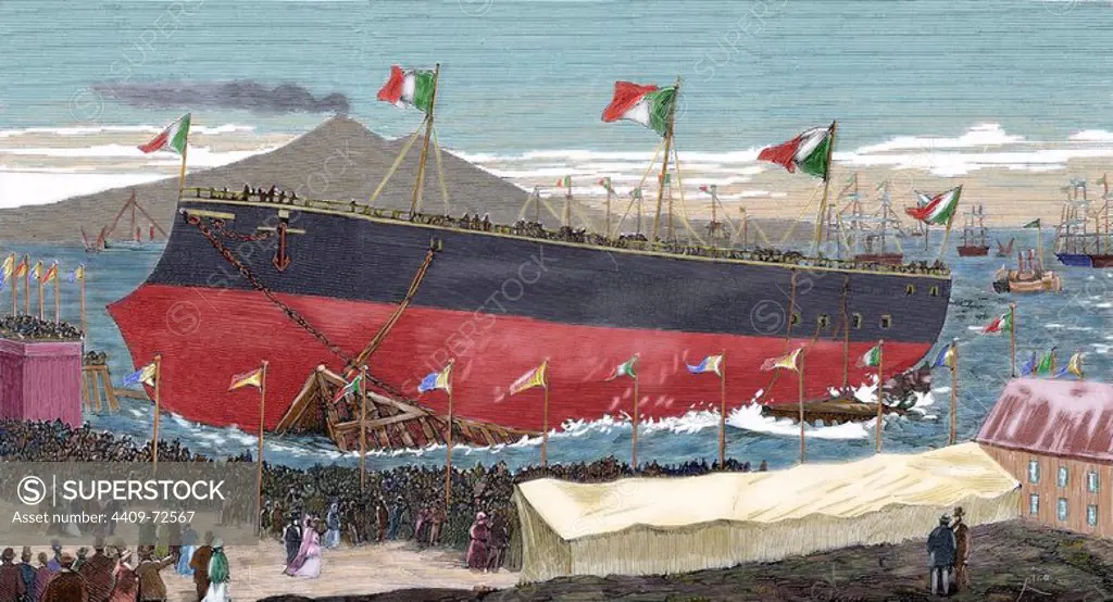 Italy. Castellmmare. Launch of the battleship L'Italia (September 29, 1880). Colored engraving of "The Spanish and American Illustration", 1880.