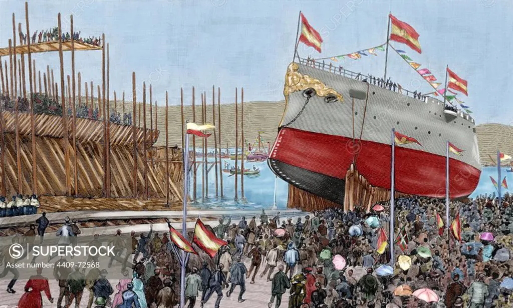 Spain. Bilbao. Launch of the cruiser Infanta Maria Teresa. Colored engraving of "The Spanish and American Illustration", 1890.