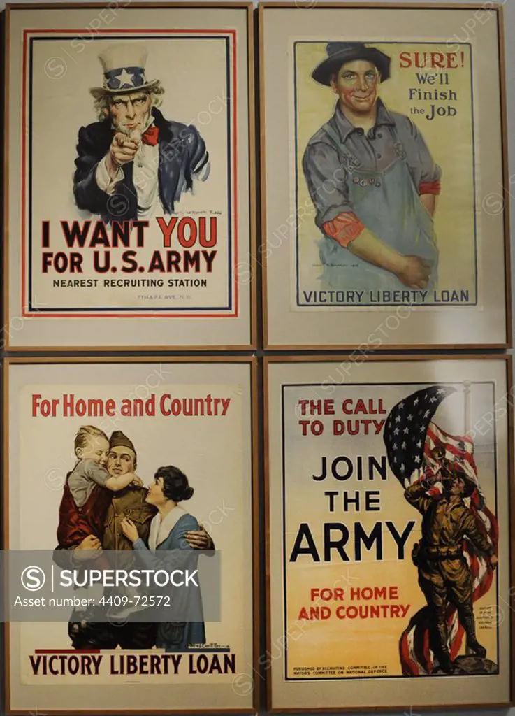 World War I. Poster for recruitment and war bonds. "I want you for Usa Army" 1917 by James Montgomery Flagg. "Sure! We'll finish the job". 1918 by Gerrit Albertus Beneker. "For home and country". 1918 by Everitt Alfred Orr. "The Call to doty. Join the army". 1914/18. Deutsches Historisches Museum. Berlin. Germany.