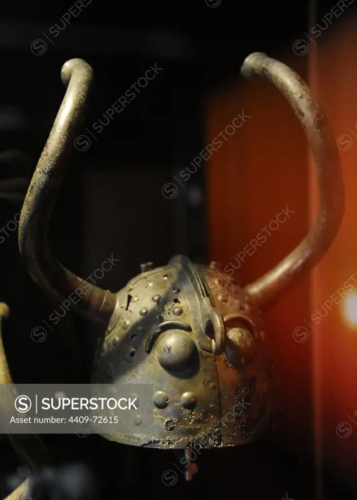 Prehistory. Metal Age. Helmet from Veksoe-bog. Bronze. Denmark. Bronze Age. (800-400 BC). National Museum of Denmark. Copenhaguen.