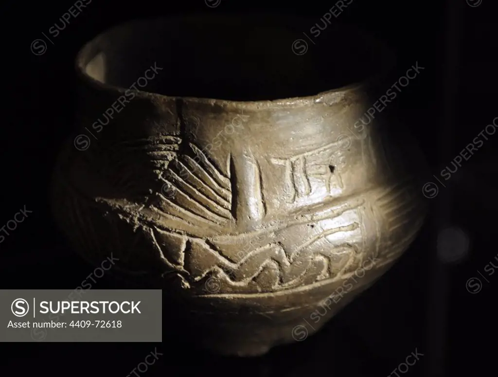 Prehistory. Metal Age. Cinerary urn with snake. Eastern Jutland. Denmark. 700-500 BC. Museum of Denmark. Copenhaguen.