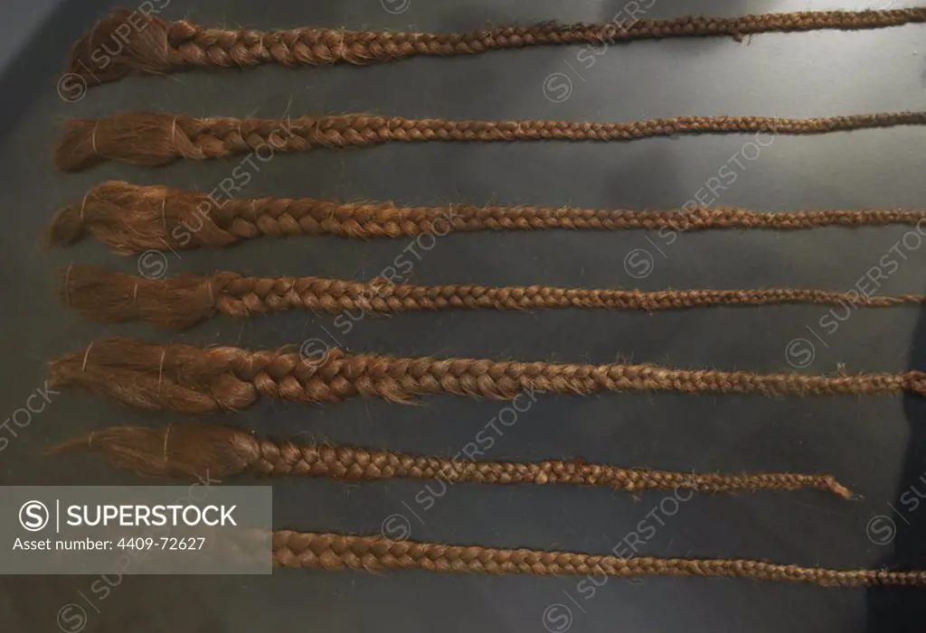 Bronze Age. Hair in the form of braided locks was also sacrifice in the bogs. Sometimes several plaits were tied together. These deposits can be seen as both small and large sacrifices. A Seven plaits deposited together. Northern Jutland. C. 350 BC. National Museum of Denmark.