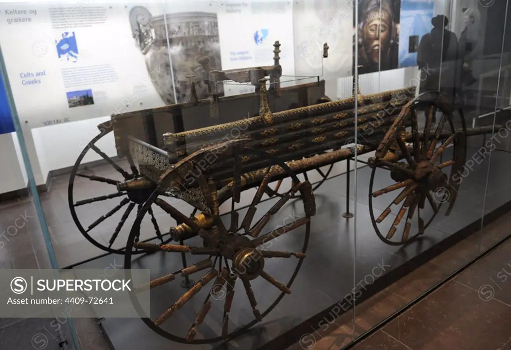 Prehistory. The Early Iron Age. The Dejbjerg Wagon. Carriage sacrificed in a west Jutland. Ceremonial carriages. Probably made in central Europe by Celtic artisans. 50 BC. National Museum of Denmark.
