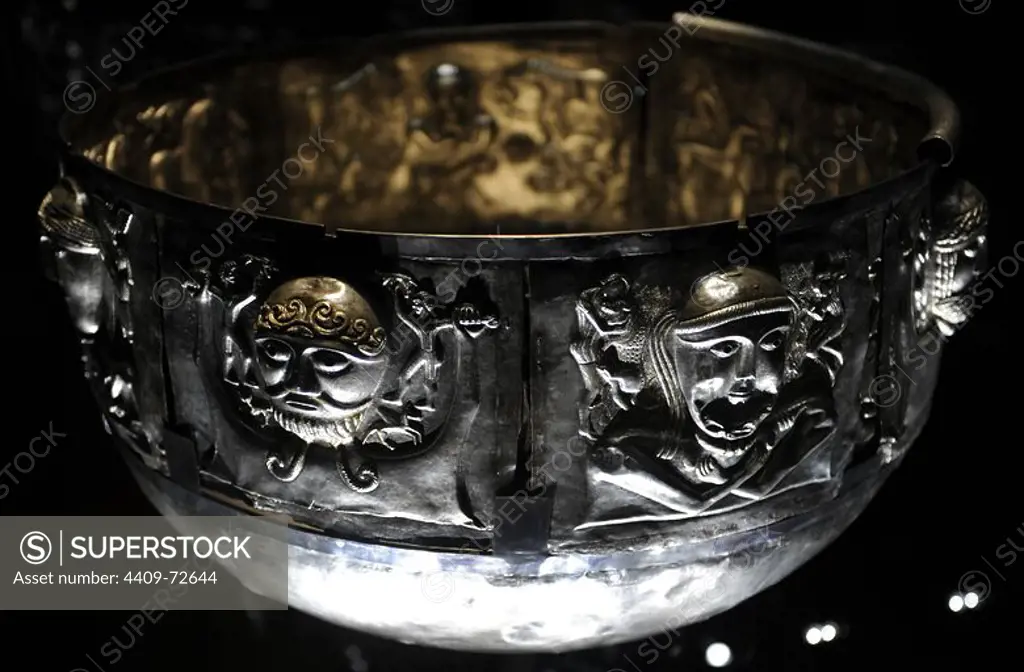 The Gundestrup cauldron. Decorated silver vessel, thought to date between 200 BC and 300 AD, placing it within the late La Te_ne period or early Roman Iron Age. Gundestrup in the Aars parish of Himmerland, Denmark. From left to right, Teutates and Smertulus-Ogmios. National Museum of Denmark.