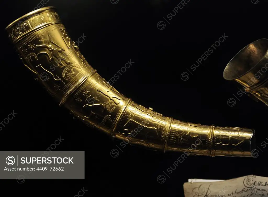 The Golden Horns of Gallehus, discovered in Gallehus, north of Mogeltonder, Southern Jutland, Denmark. The horns date to the early 5th century, the beginning of the Germanic Iron Age. The original horns were stolen and melted down in 1802. Replicas of the horns must thus rely on 17th and 18th-century drawings that also having been stolen and retrieved twice, in 1993 and in 2007. Museum of Denmark.