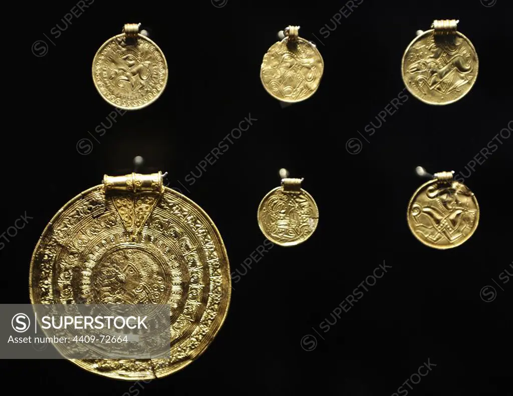 The gold bracteates. Flat, thin and single-sided gold medal worn as jewelry that was produced in Northern Europe predominantly during the Migration Period of the Germanic Iron Age. Appeared in Scandinavia around 450 and were used in the 6th century. National Museum of Denmark.
