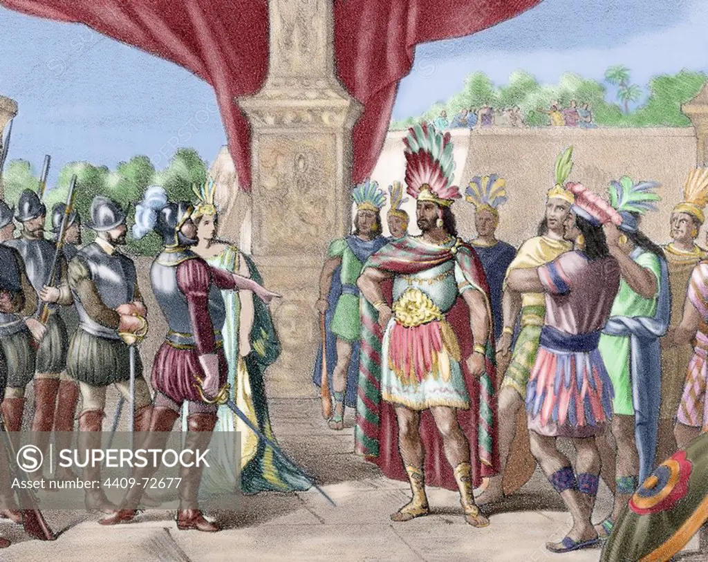 Moctezuma II (c. 1466 Ð 29 June 1520). Ninth tlatoani or ruler of Tenochtitlan, reigning from 1502 to 1520. Hernan Cortes takes prisoner Moctezuma II. Colored engraving, 1875.