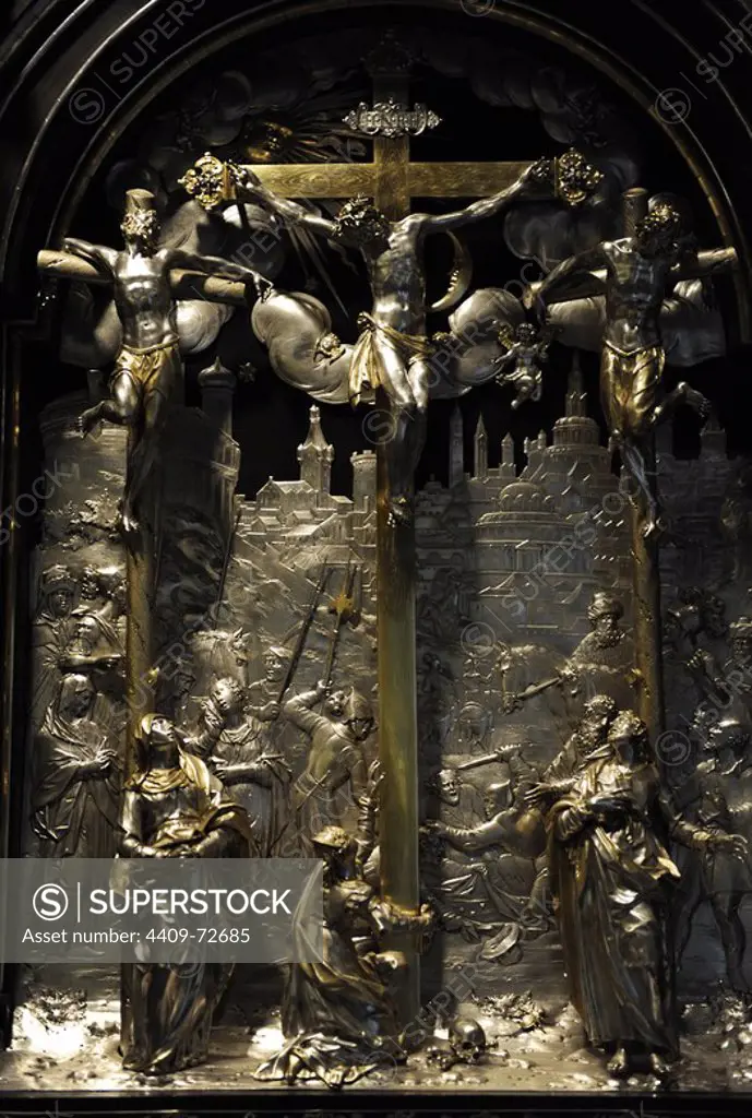 Silver altar, dated 1620, with a frame of ebony, from the chapel of Husum Castle. Originally associate with the sister of Christian IV, the Duchess Augusta. The silverwork is by Albrecht von Horn of Augsburg. Crucifixion. National Museum of Denmark.