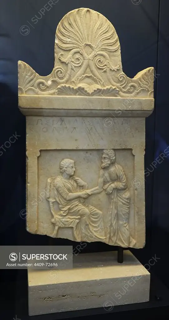Greek Art. Gravestone. Relief crowned by palmette ornament. The dead girl, Sosilla, daughter of Straton from Kollytos in Attica, takes leave of Chaireas from Kedoi in Attica. 400-350 BC. Greece.