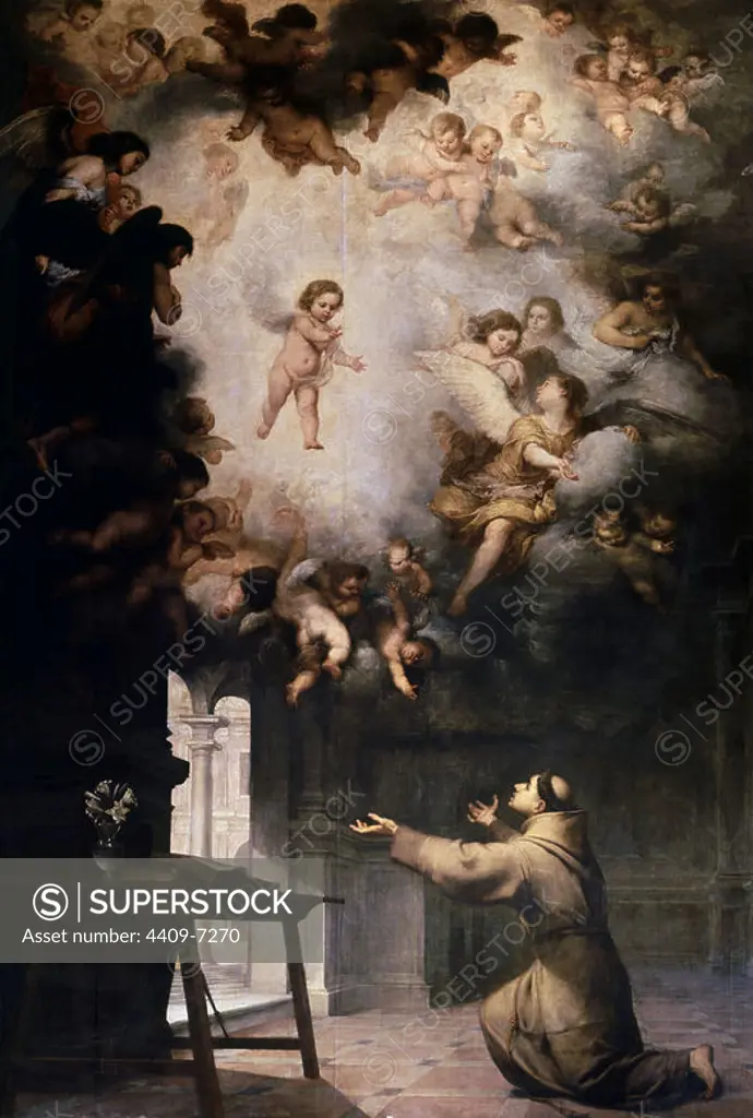Vision of St. Anthony of Padua - 17th century - oil on panel - Spanish Baroque. Author: BARTOLOME ESTEBAN MURILLO. Location: CATEDRAL-INTERIOR. Sevilla. Seville. SPAIN. ST. ANTHONY. CHILD JESUS.