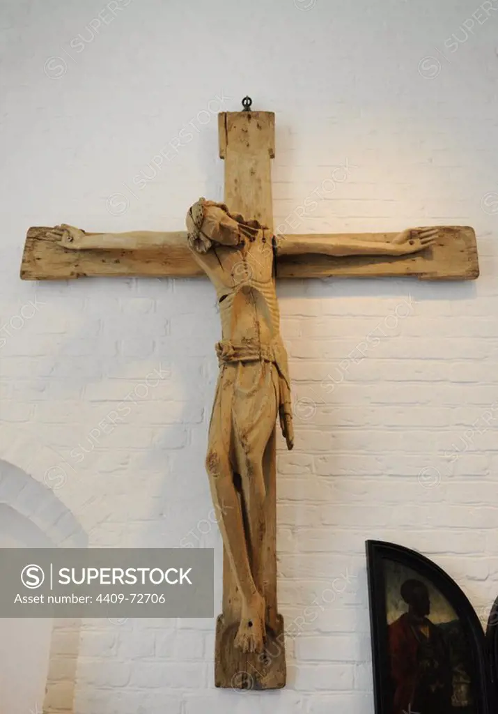 Crucifix with Christ as a tormented corpse. C. 1350. Wood. From Elmelunde Church, island of Mon (Denmark). National Museum. Copenhagen. Denmark.