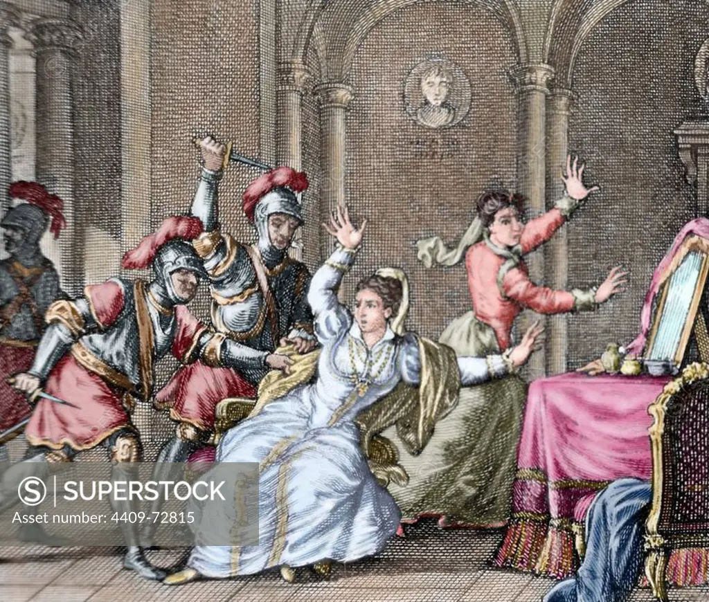 Ines de Castro (1325-1355). Queen consort of Portugal. Murder of Ines de Castro at the Monastery of Saint Claire the Older by Alonso Gonzalvez, Pedro Coelho and Diego Lopez Pacheco. Colored engraving. 18th century.