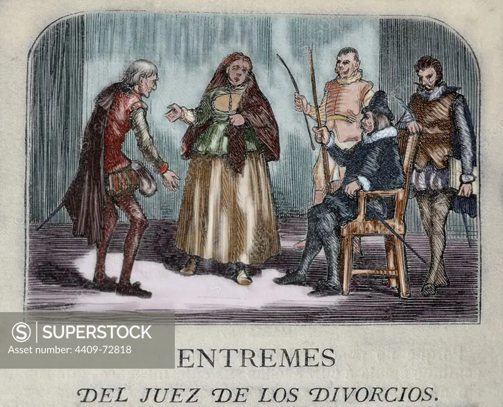 Miguel de Cervantes (1547-1616). Spanish writer. Short farce The Divorce judge (El Juez de los divorcios). Engraving. 1868. Private collection.
