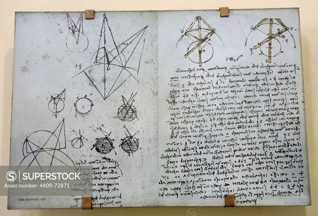 Alhazen's problem from Atlantic Codex (Codex Atlanticus) by Leonardo da Vinci. The Science and Technology Museum Leonardo da Vinci. Milan. Italy.