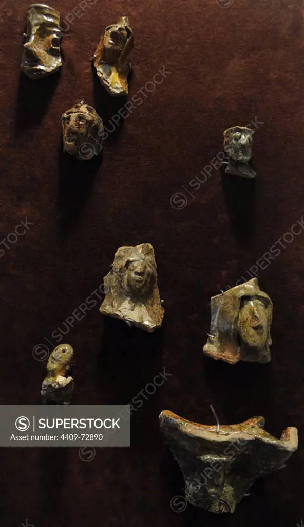 Middel Age. Northern Europe. Latvia. Western ceramic. 13th century. Glazed pottery fragments forms of human faces. Museum of History and Navigation. Riga. Latvia.