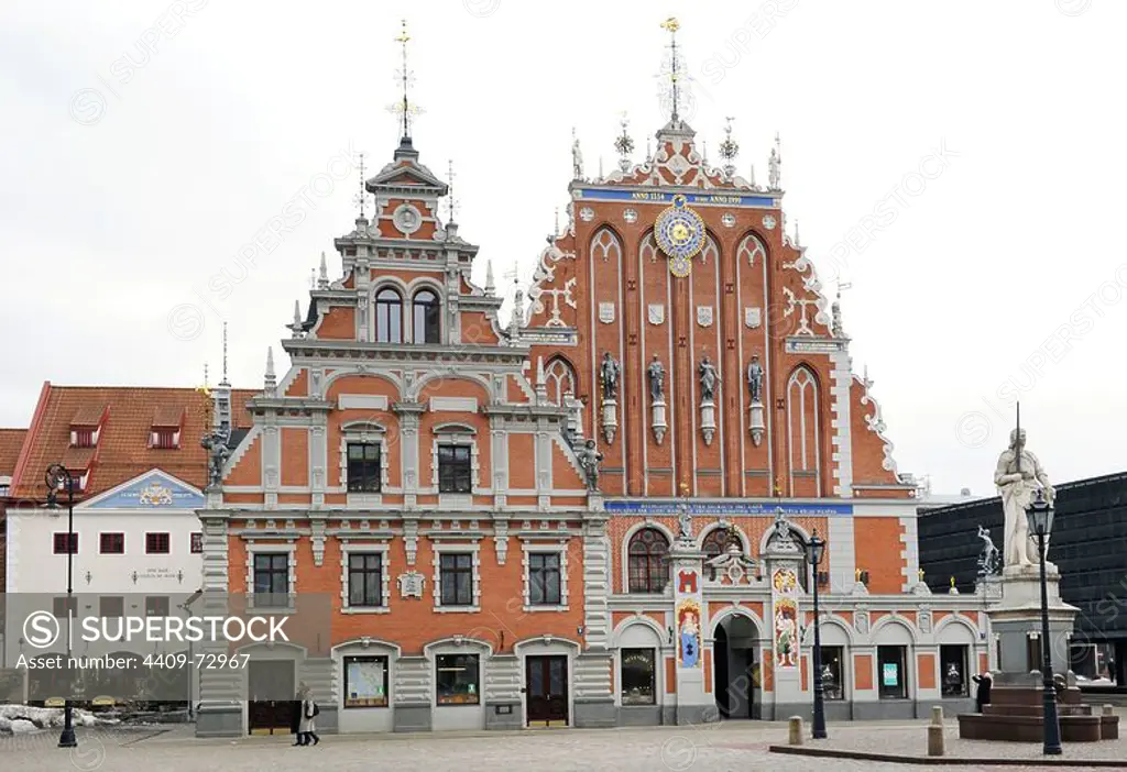 Latvia. Riga. House of the Blackheads (Melngalvju nams). Erected in 14th century for the Brotherhood of Blackheads, a guild for unmarried German merchants in Riga. Major works were done in the years 1580 and 1886. The structure was bombed to a ruin by the Germans and the remains demolished by the Soviets. The reconstruction was from 1995 to 1999.