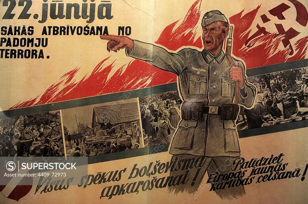 History. Workd War II. Latvia. Nazi's propaganda poster. From 1941 to 1944. Occupation Museum. Riga. Latvia.