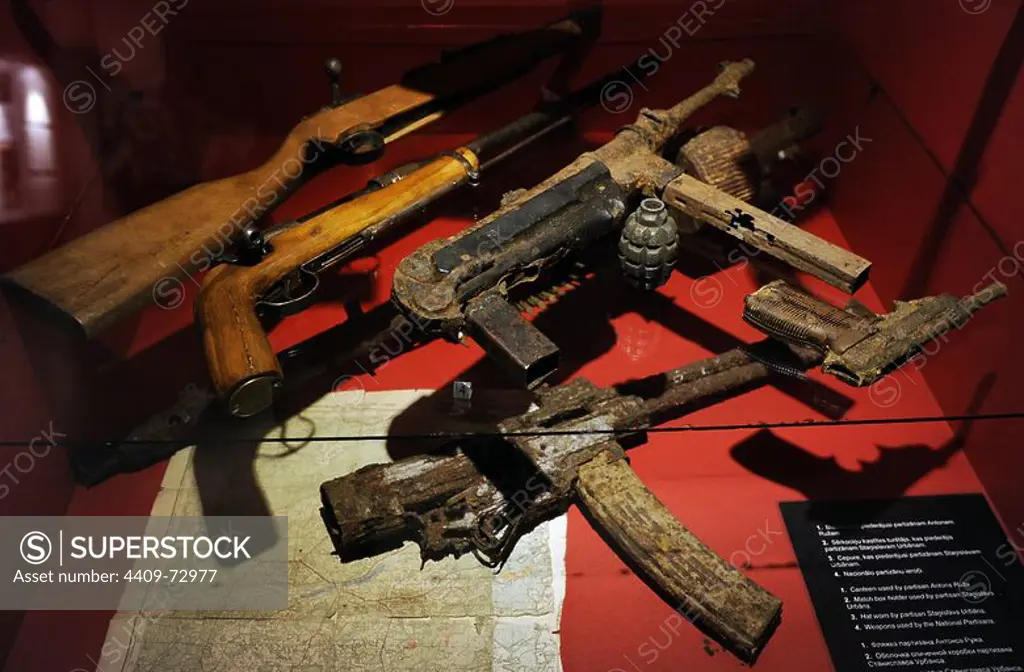 Rifles and machine guns used by the Latvian national partisans. Context of the Second World War. Occupation Museum. Riga. Latvia.