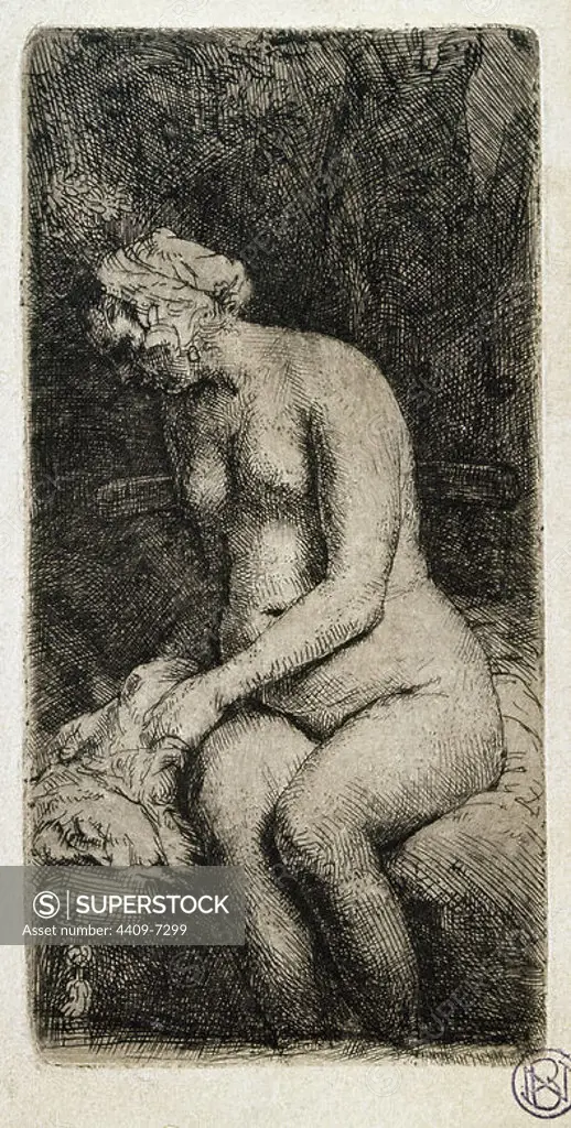 Dutch school. Seated Female Nude. 1638. Engraving. Madrid, National Library. Author: REMBRANDT HARMENSZOON VAN RIJN. Location: BIBLIOTECA NACIONAL-COLECCION. MADRID. SPAIN.