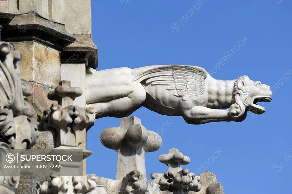 Italy. Milan. Cathedral. Gothic. 14th century. Exterior. Detail. Gargoyle. Fanastic animal.