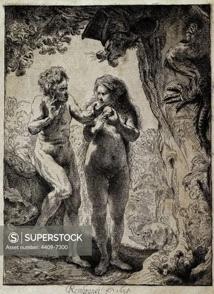Dutch school. Adam and Eve. 1638. Madrid, National Library. Author: REMBRANDT, HARMENSZOON VAN RIJN. Location: BIBLIOTECA NACIONAL-COLECCION, MADRID, SPAIN.