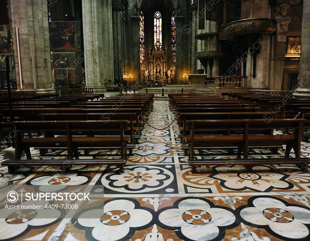 Italy. Milan. Cathedral. Gothic style. 15th century. Polychromed marble mosaics from Candoglia decorating the pavement inside the temple. The design dates back to the 16th century and is a work of Pellegrino Tibaldi. The paving work, however, were completed in the 20th century.