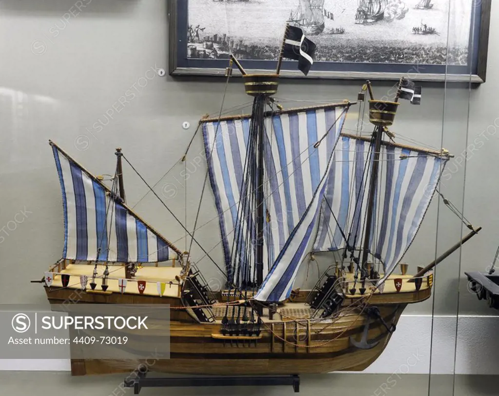 Hokl or Holke, boat widely used in northern Europe, and ship goods. 15th century. Model by G. Konevs, 1987. Scale: 1:50. Museum of History and Navigation. Riga.