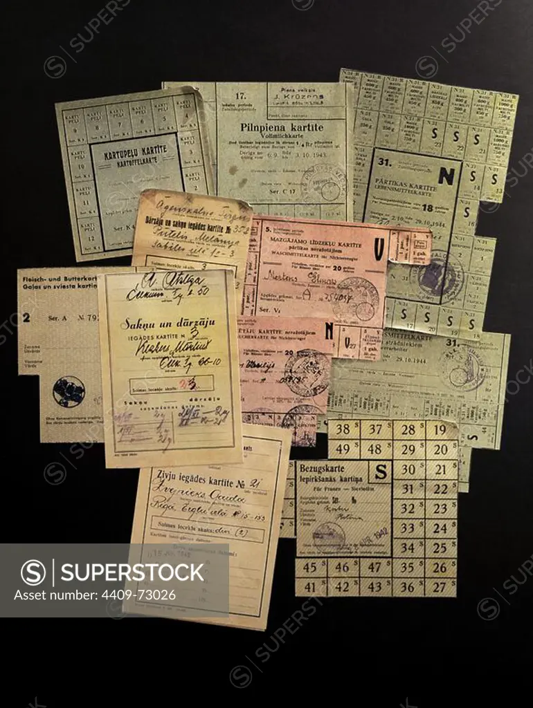History. Latvia. Second Soviet occupation (1944-1991). Ration cards. Some dated 10.29.1944. Occupation Museum. Riga. Latvia.