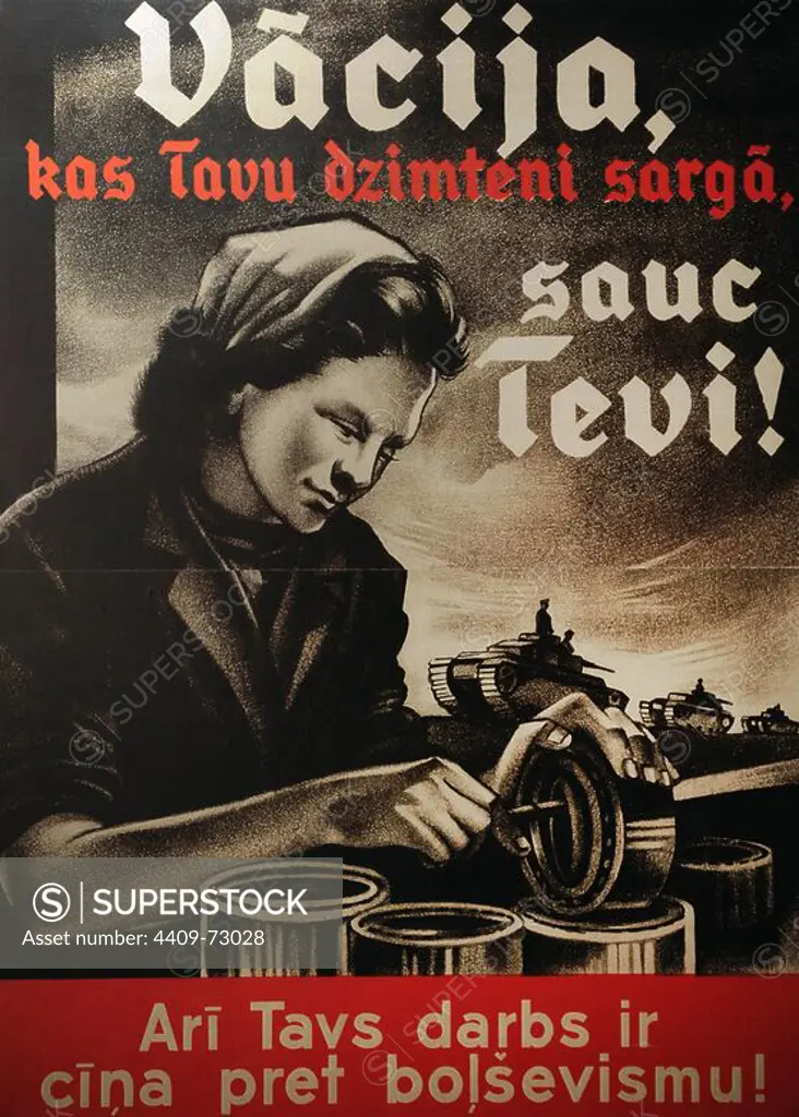 World War II. Nazi Occupation of Latvia (1941-1944). Nazi's propaganda poster, inviting the Latvians to seek employment in the German war industry. Riga, 1942. Occupation Museum. Riga. Latvia.