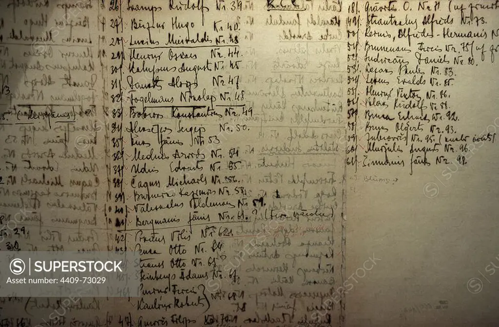 History of Latvia. Occupation first soviet Union (1940-1941). Known Year of Terror (Baigais Gads). List of people who was deported to Siberia by the Russian authorities. June 14, 1941. Occupation Museum. Riga. Latvia.