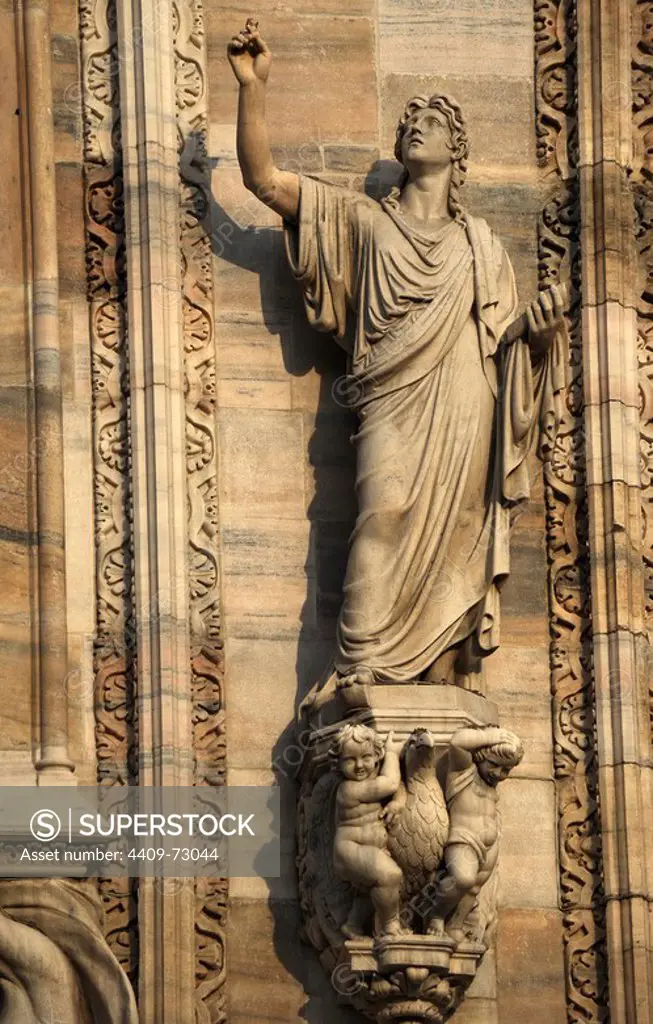 Italy. Milan. Cathedral. Gothic. 14th century. John the Evangelist. Sculpture. West facade.
