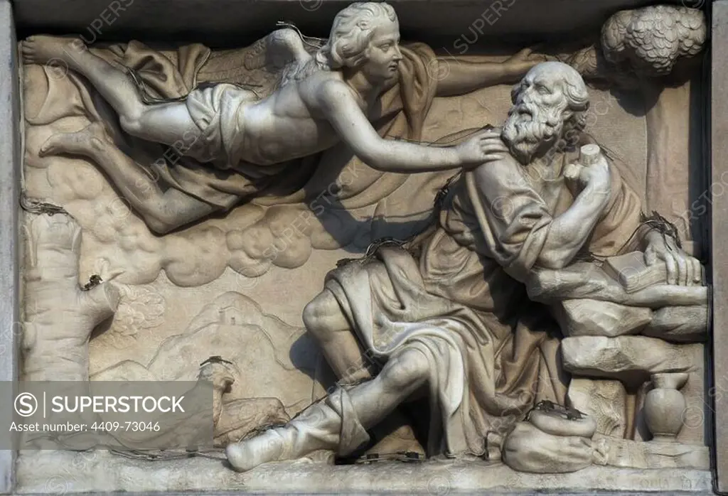 Italy. Milan. Cathedral. Gothic. 14th century. St. Jerome visited by an angel. Relief. West facade.