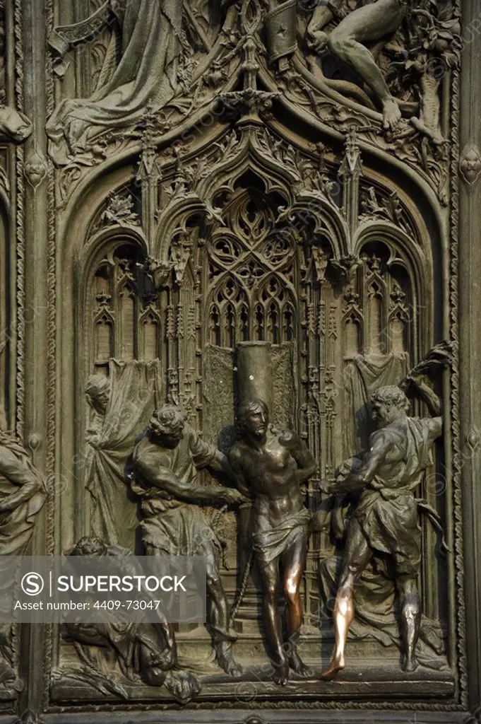 Italy. Milan Cathedral. Door detail. Flagellation of Christ. Bronze. 16th-17th century.